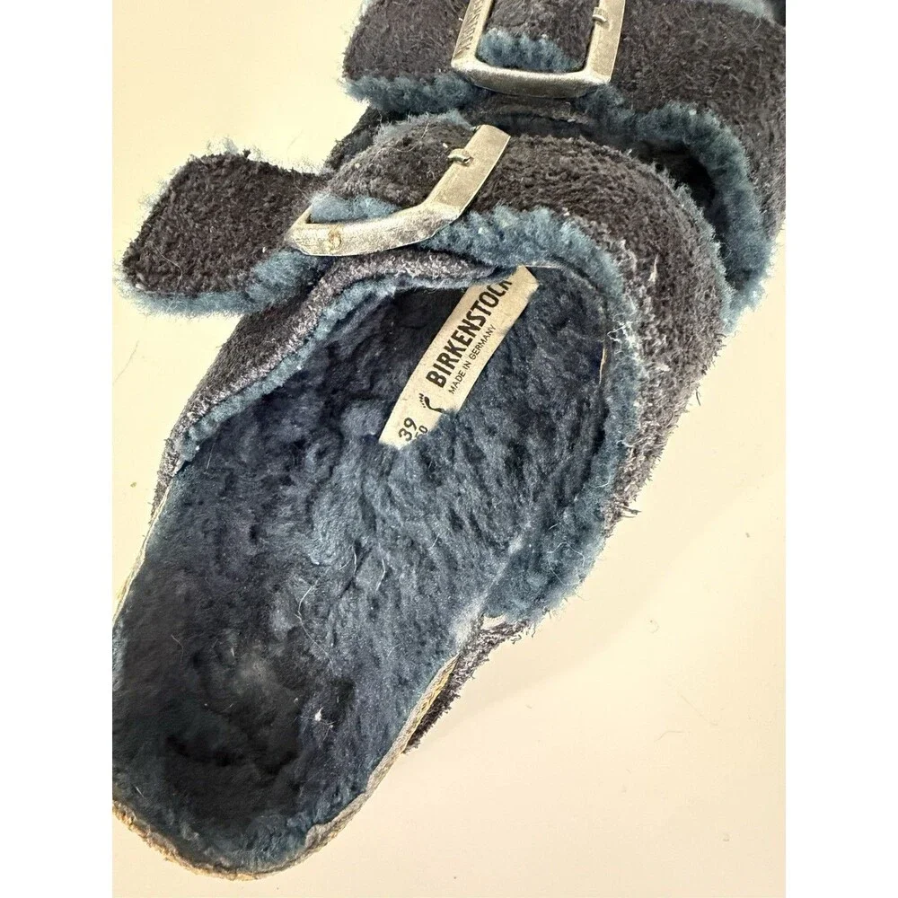 Birkenstock US 8-8.5 EU 39 Arizona Shearling Fur Lined Sandals Navy Blue Narrow